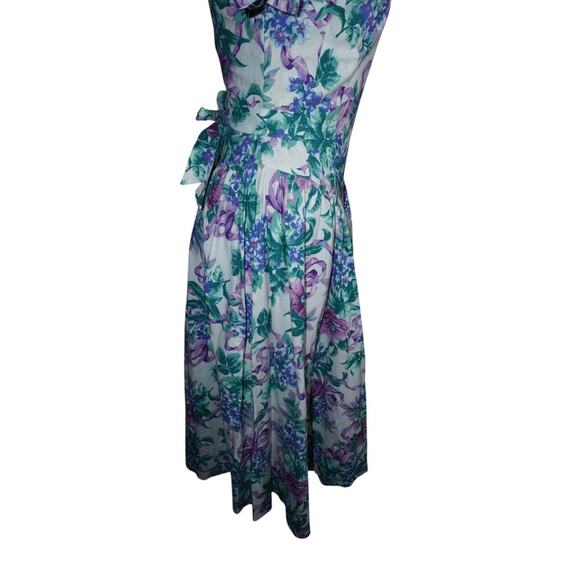 Vintage 80s Expo Petite Cold Shoulder Floral Midi Dress Purple Green Cotton -4 - Picture 6 of 11